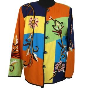 Vintage 90s Y2K Alex Kim Jacket Blazer Patchwork Embroidered Flower Toggle Large